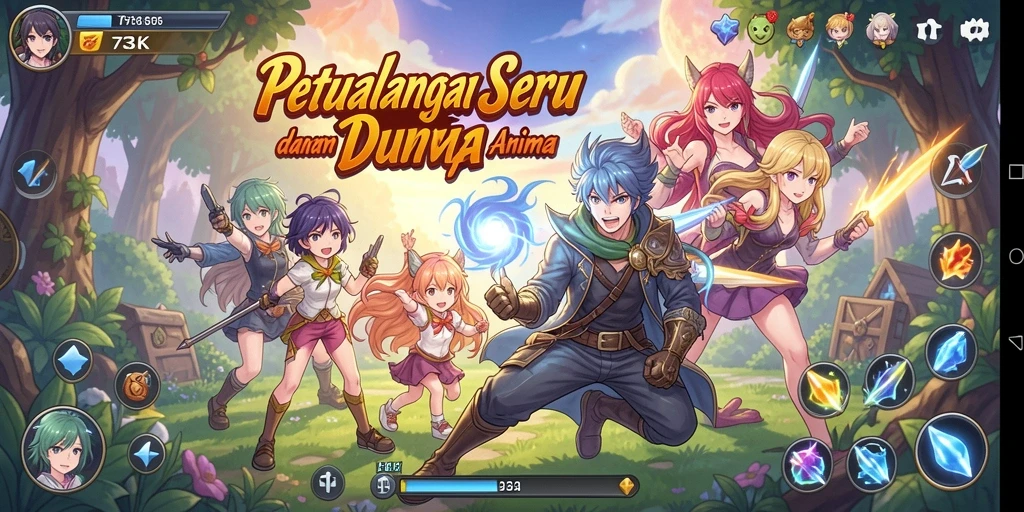Screenshot gameplay 73K menampilkan pertarungan karakter anime yang seru.