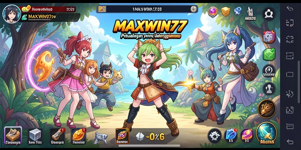 Screenshot gameplay MAXWIN77 menampilkan karakter anime dalam aksi petualangan.