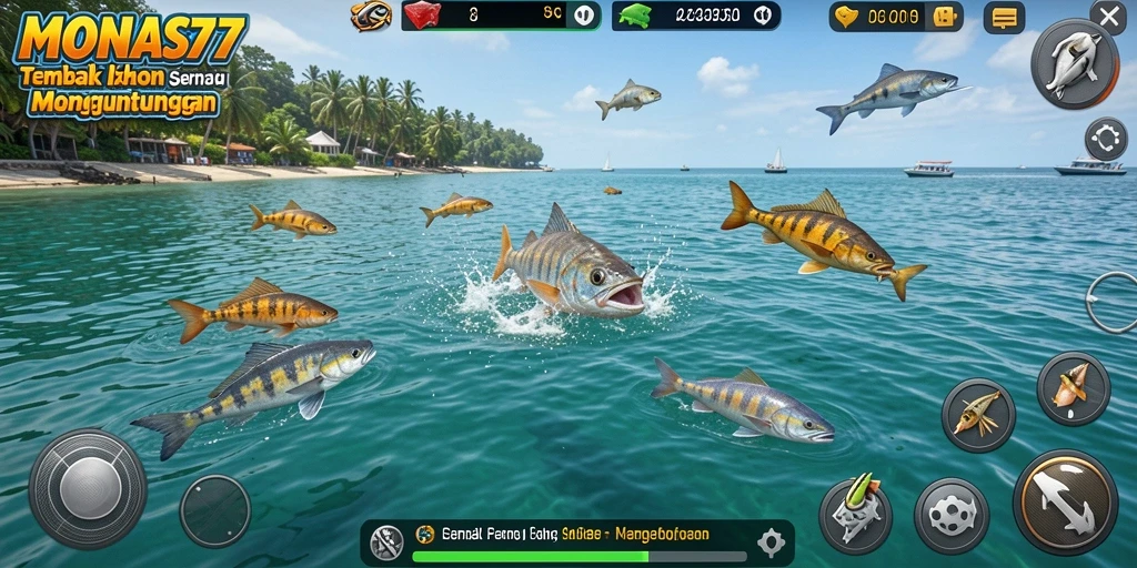 Gameplay seru MONAS77 dengan berbagai ikan yang menunggu untuk ditangkap.