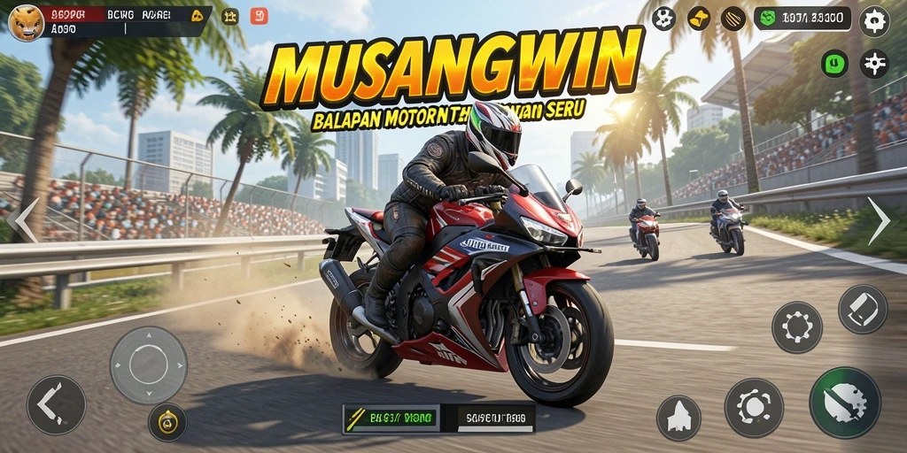 Gameplay seru di MUSANGWIN dengan balapan motor yang mendebarkan.